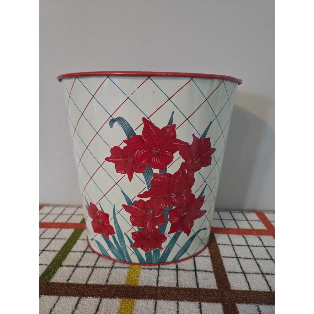 Vintage Metal Wastebasket Red Floral Amaryllis Lattice Trash Can Mid Century